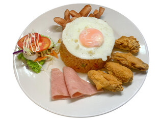 Fried rice with fried egg and fried chicken wings