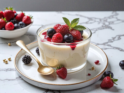Vanilla pudding topped with berries and gold accents, shot on marble from a stylish 45-degree angle. - Powered by Adobe