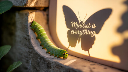 caterpillar on a leaf, Mindset is Everything &ndash; Inspirational Caterpillar and Butterfly Shadow Concept
