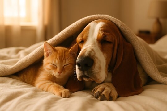 Cozy Pets: Cute Dog and Cat Napping Together in a Warm Indoor Setting