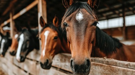 Brown horses with snow on their coats stand in a wooden stable.