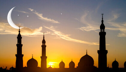 Silhouette of a mosque with minarets and domes against a sunset sky with a crescent moon and stars.