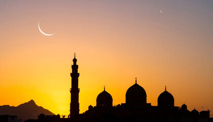 Silhouette of a mosque with minaret and domes against a sunset sky with crescent moon.