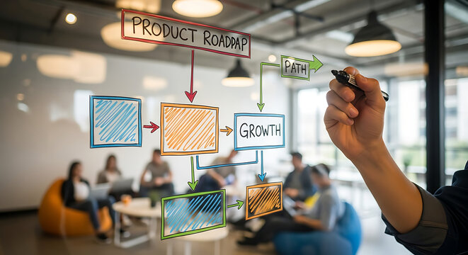 Business team collaborating on a product development roadmap drawn on a glass whiteboard in a modern office setting - Powered by Adobe
