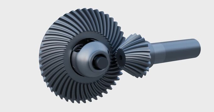 Close up of differential gear animation; Spiral bevel gear system; Automotive Power transmission