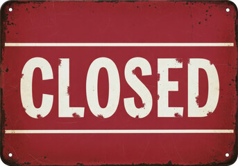 Vintage red closed sign with white text isolated on transparent background