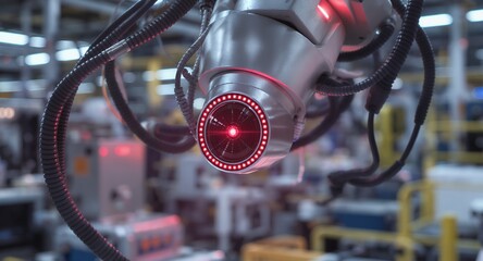 Futuristic Robotic Arm with Red Laser in Industrial Setting
