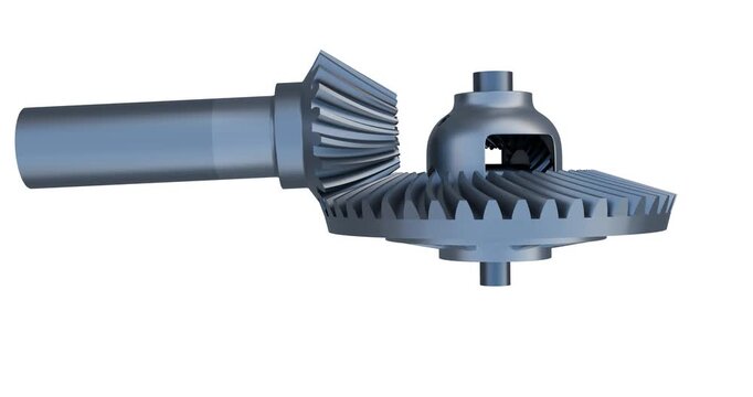 Close up of differential gear animation; Spiral bevel gear system; Automotive Power transmission