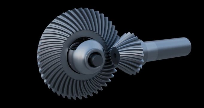 Close up of differential gear animation; Spiral bevel gear system; Automotive Power transmission