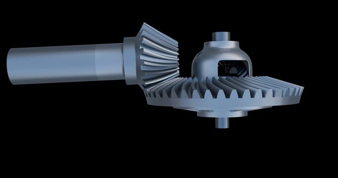 Close up of differential gear animation; Spiral bevel gear system; Automotive Power transmission