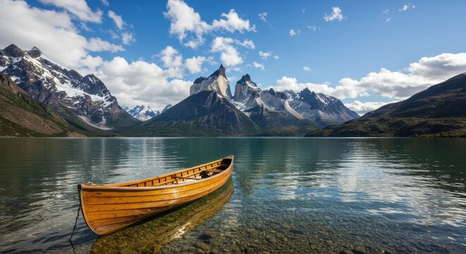 Tranquil wooden canoe resting on a serene lake, surrounded by majestic snow-capped mountains. - Powered by Adobe