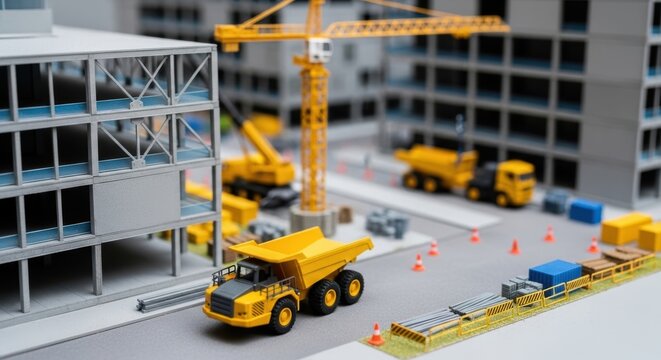 Maket proyek konstruksi dengan alat berat miniatur