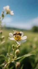 A bee pollinating a white flower in a lush green field under a clear blue sky