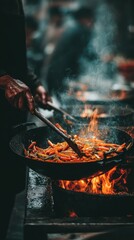 Close up view of a chef stir frying vegetables in a wok over an open flame. Steam rises, highlighting the vibrant colors and intense heat.