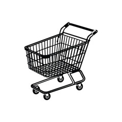 Black and white illustration of an empty shopping cart on a white background