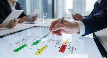 Team of business professionals analyzing financial market data and stock charts on a large interactive display during a meeting