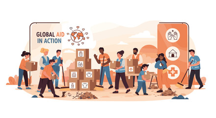 Diverse group of volunteers providing global humanitarian aid cleaning up and sorting donation boxes.