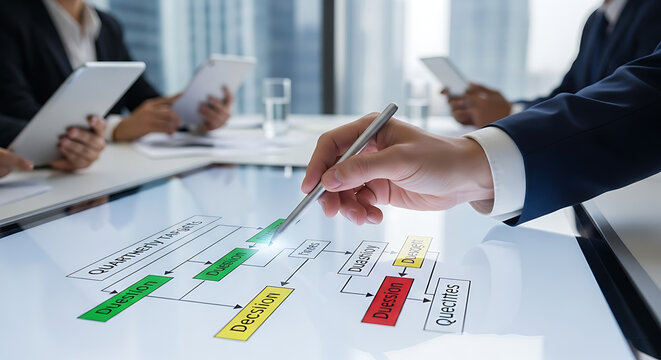 Team of business professionals analyzing financial market data and stock charts on a large interactive display during a meeting