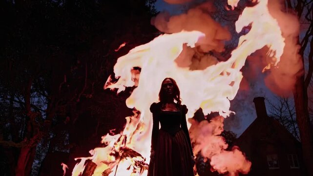 Cinematic woman in front of roaring fire. Use for witch hunt themes, drama, thriller, power, movie concepts and symbolism of destruction.

