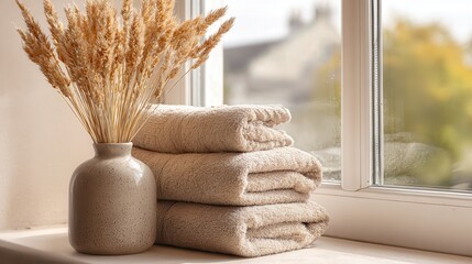 Neutral colored towels arranged near the window with a vase of dried reeds. Eye-level angle, natural morning light, relaxed and spa-like atmosphere.