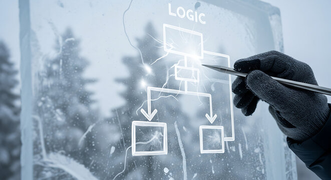 Close up of a gloved hand drawing a flowchart on a transparent icy surface with a stylus winter forest background