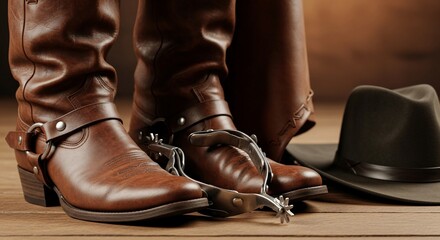 Close-up view of a pair of worn leather cowboy boots with spurs and a hat, suggesting a Western lifestyle.