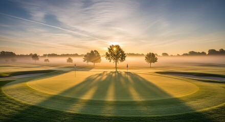 Naklejka premium Sunrise over a golf course fairway, with trees casting long shadows on the morning mist.