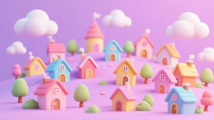 Fototapeta premium Pastel-colored village with whimsical houses and fluffy clouds