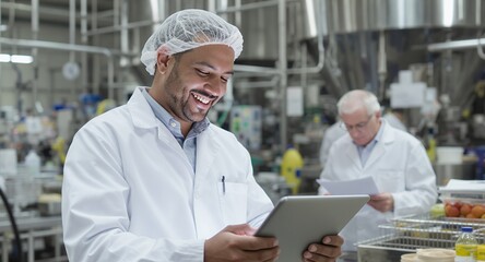 Smiling Technician Using Digital Tablet in Food Processing Plant