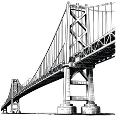 Fototapeta premium Detailed black and white ink sketch of a suspension bridge