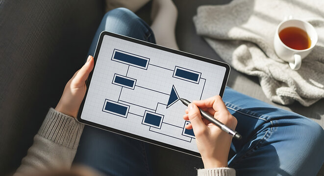 Person using a stylus on a tablet to draw a flowchart or process diagram while relaxing on a couch with a cup of tea