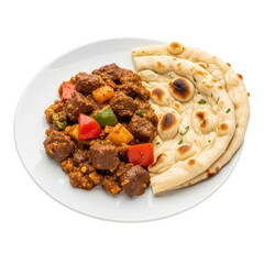 Naklejka premium Savory Beef Stew with Colorful Peppers Served Alongside Freshly Baked Naan Bread on a White Plate Isolated on Transparent Background