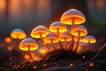 Fototapeta premium A cluster of bioluminescent mushrooms glowing with warm orange light in the dark forest image
