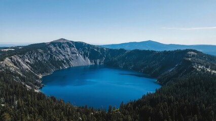 Aerial View of a Deep Blue Lake Surrounded by Forested Mountains