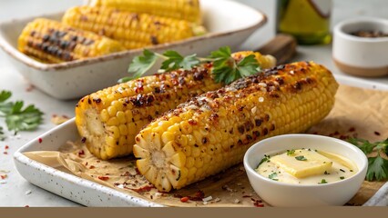 A close up of grilled corn on the cob served with butter and parsley on a white square plate
