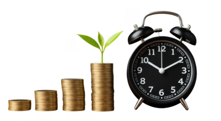 Growing money tree and alarm clock isolated on transparent background
