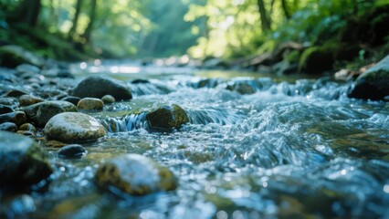 Fototapeta premium Clear Stream Flowing Through a Forested Area with Sunlight Filtering Through Trees
