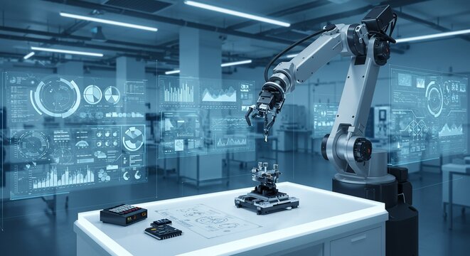 Robotic Arm Precision Assembly with Holographic Data Display in Modern Factory