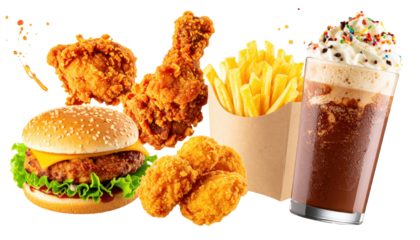 New Menu Announcement Banner Concept with Fast Food Items in mid-air on White background