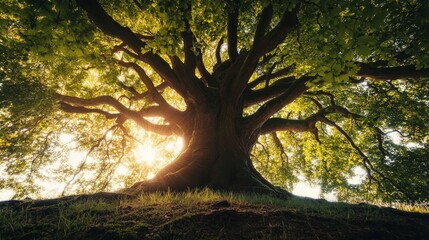 Fototapeta premium Majestic oak tree with sun shining through branches. Symbol of growth, longevity, strength and nature.