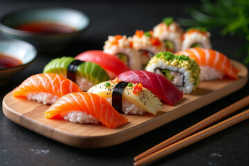Fresh Sushi and Sashimi Platter on a Wooden Board