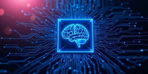 Digital illustration of a glowing brain icon integrated into a futuristic electronic circuit board