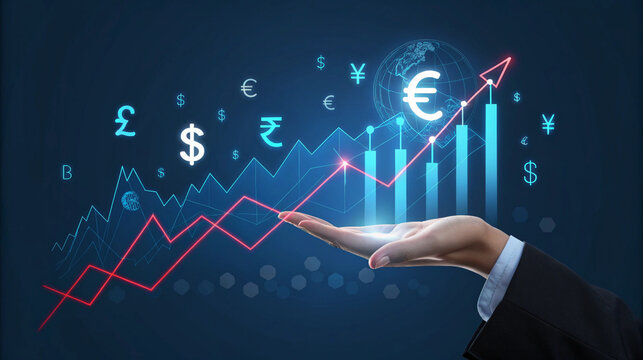 "A light-skinned hand, center frame, surrounded by floating currency symbols and rising line charts in a glowing holographic display. The dark background contrasts with vibrant blue and red tones, sug
