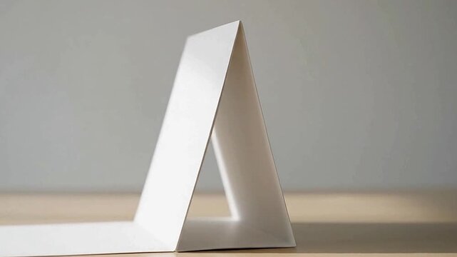 A white folded card stands on a tan surface against a neutral wall