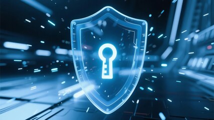 Digital shield with keyhole symbol, set against a futuristic technological background