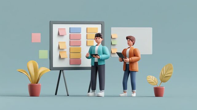 3d illustration of two cartoon business people are discussing a project in the office, using a board with sticky notes and a tablet to plan and strategize, fostering teamwork and collaboration
