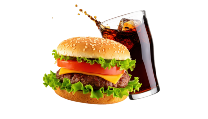 Burger and Drink Combo Special Offer Isolated in mid-Air on White