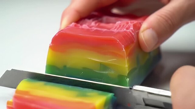 Close-up of a knife cutting a vibrant rainbow-colored block of soap or jelly, revealing smooth layers.