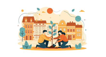 Naklejka premium A man and woman planting a young tree together in a stylized urban city street scene.