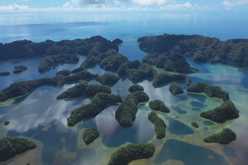 Breathtaking aerial view of lush green islands surrounded by crystal clear waters in a tropical paradise